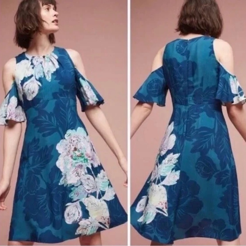 Maeve Anthropologie Teal Floral Cold Shoulder Midi‎ Dress Size 6